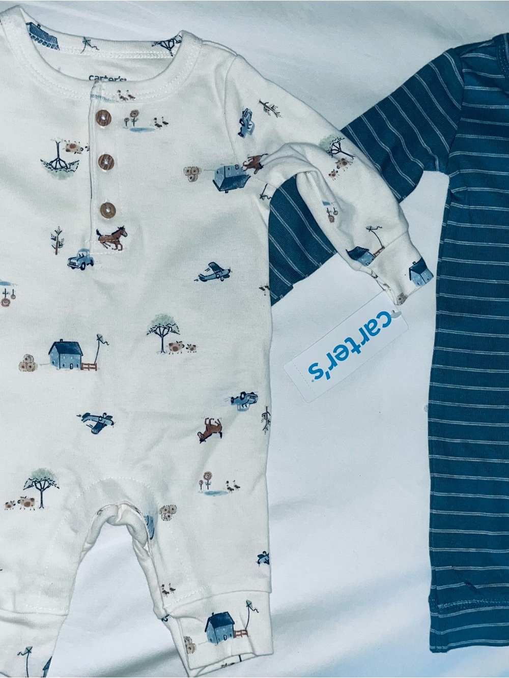 Carter's Cream & Blue Farm Print Footed Romper Set